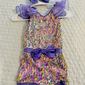 Weissman Girls Multicolor Sequin Romper Costume with Purple Bow
